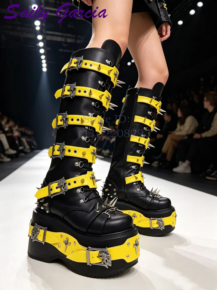 Women Shoes Size Chart - Skull Rivet Punk Knee-high Boots Round