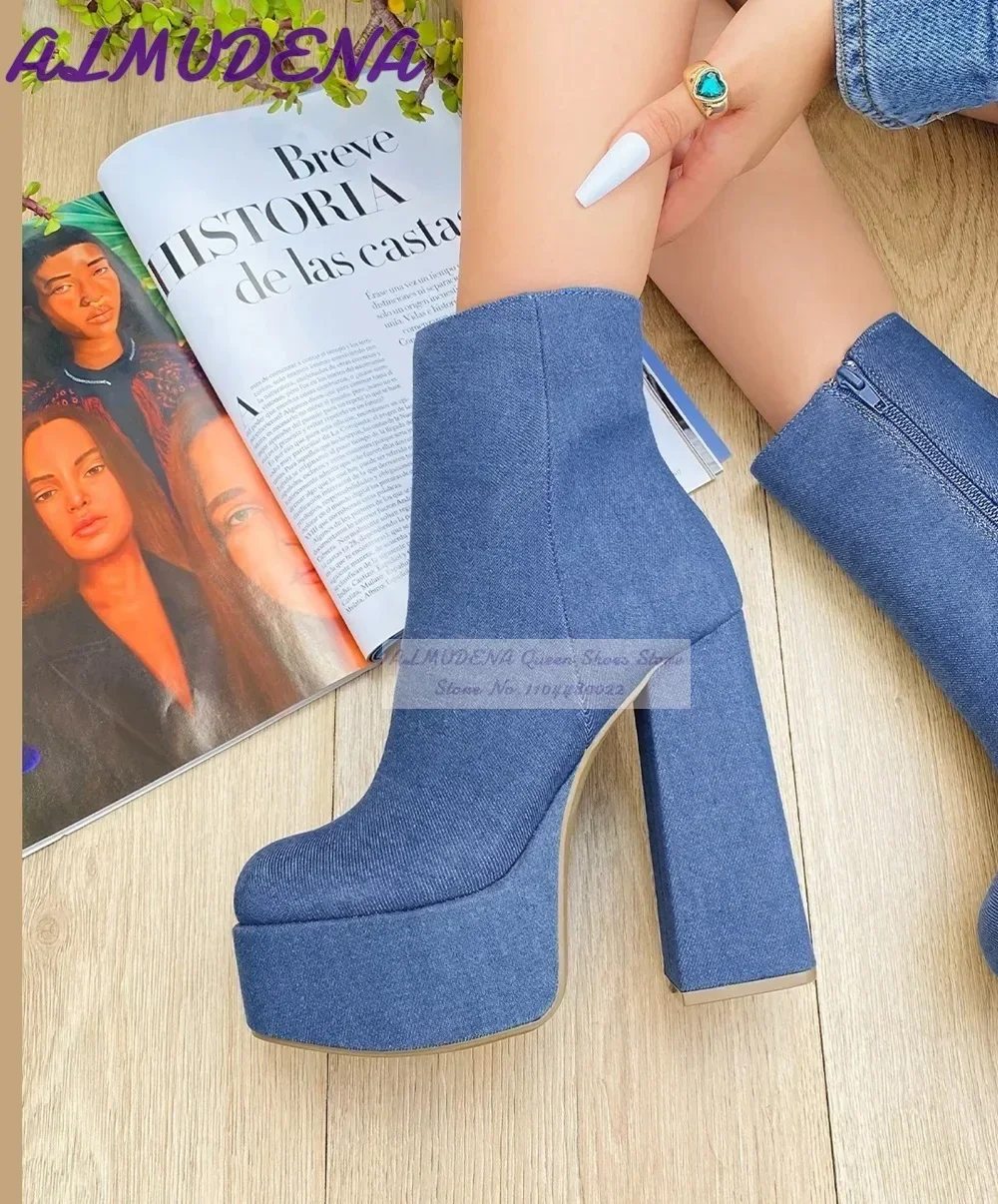 Women Shoes Jeans - ALMUDENA Blue Denim Block Heels Ankle