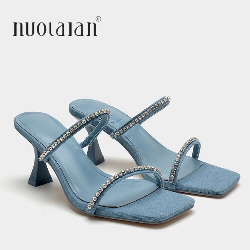 Denim Rhinestone Heels Sandals - Women Shoes Jeans ulasan dan harga
