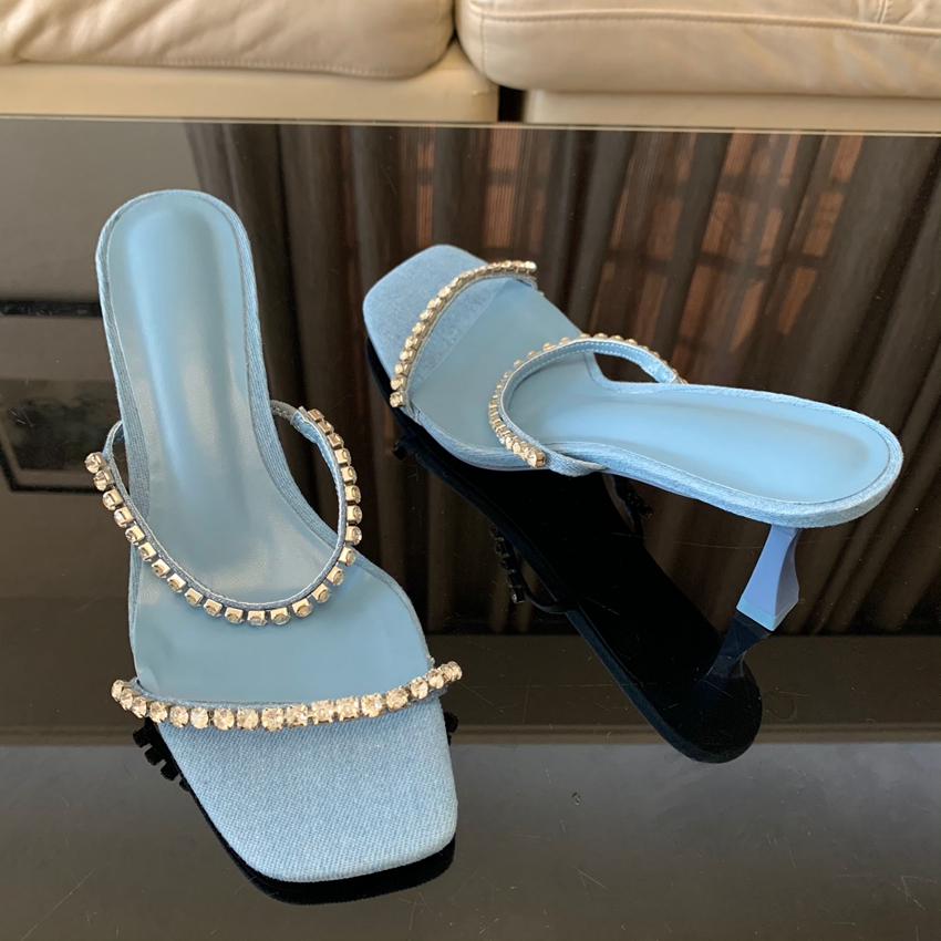 Denim Rhinestone Heels Sandals - Women Shoes Jeans ulasan dan harga