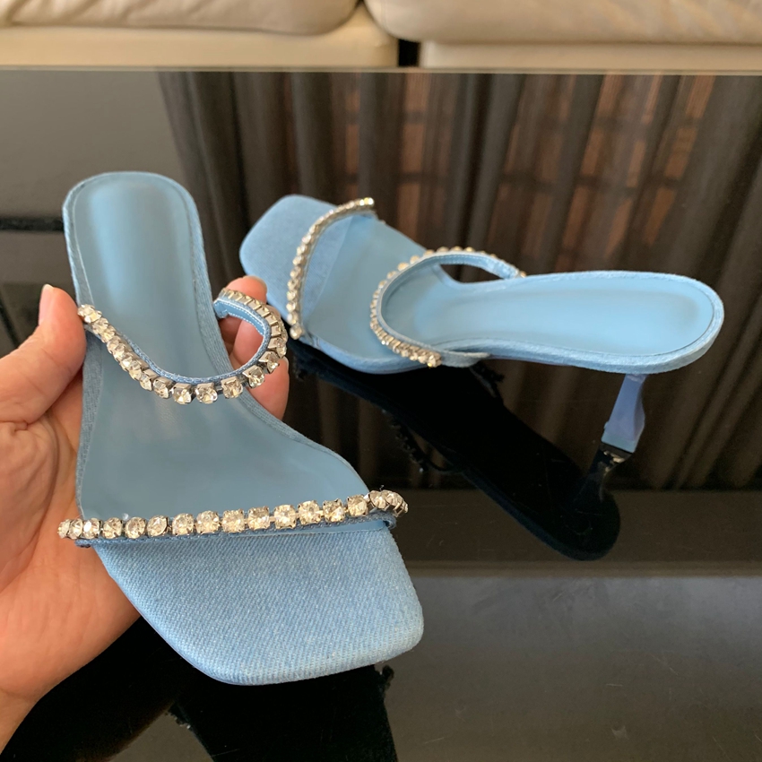 Denim Rhinestone Heels Sandals - Women Shoes Jeans ulasan dan harga