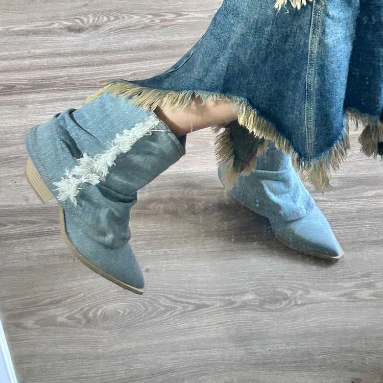 Pleated Denim Ankle Boots Wome - Women Shoes Jeans ulasan dan harga