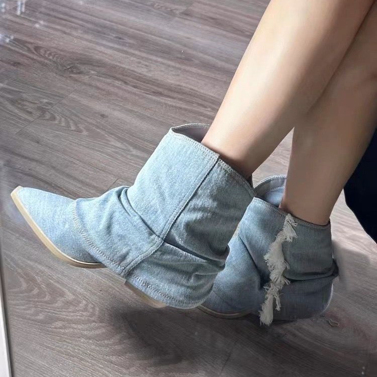 Pleated Denim Ankle Boots Wome - Women Shoes Jeans ulasan dan harga