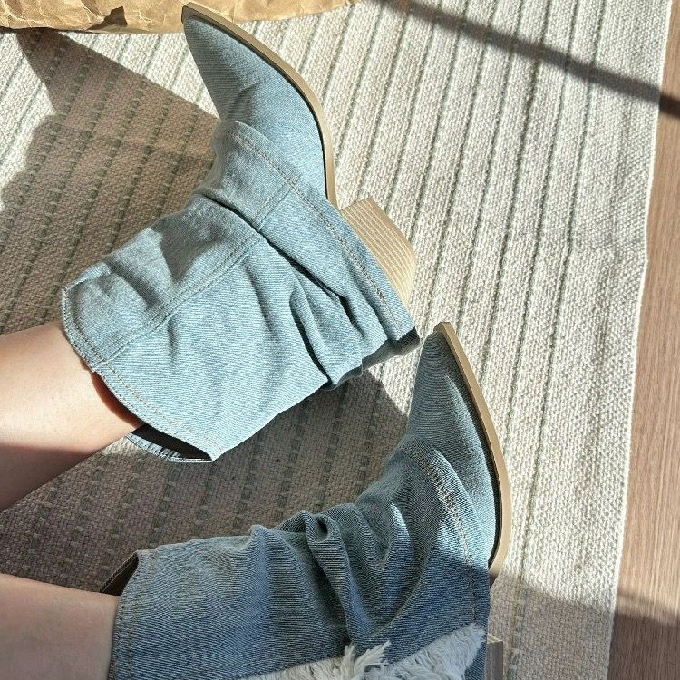 Pleated Denim Ankle Boots Wome - Women Shoes Jeans ulasan dan harga
