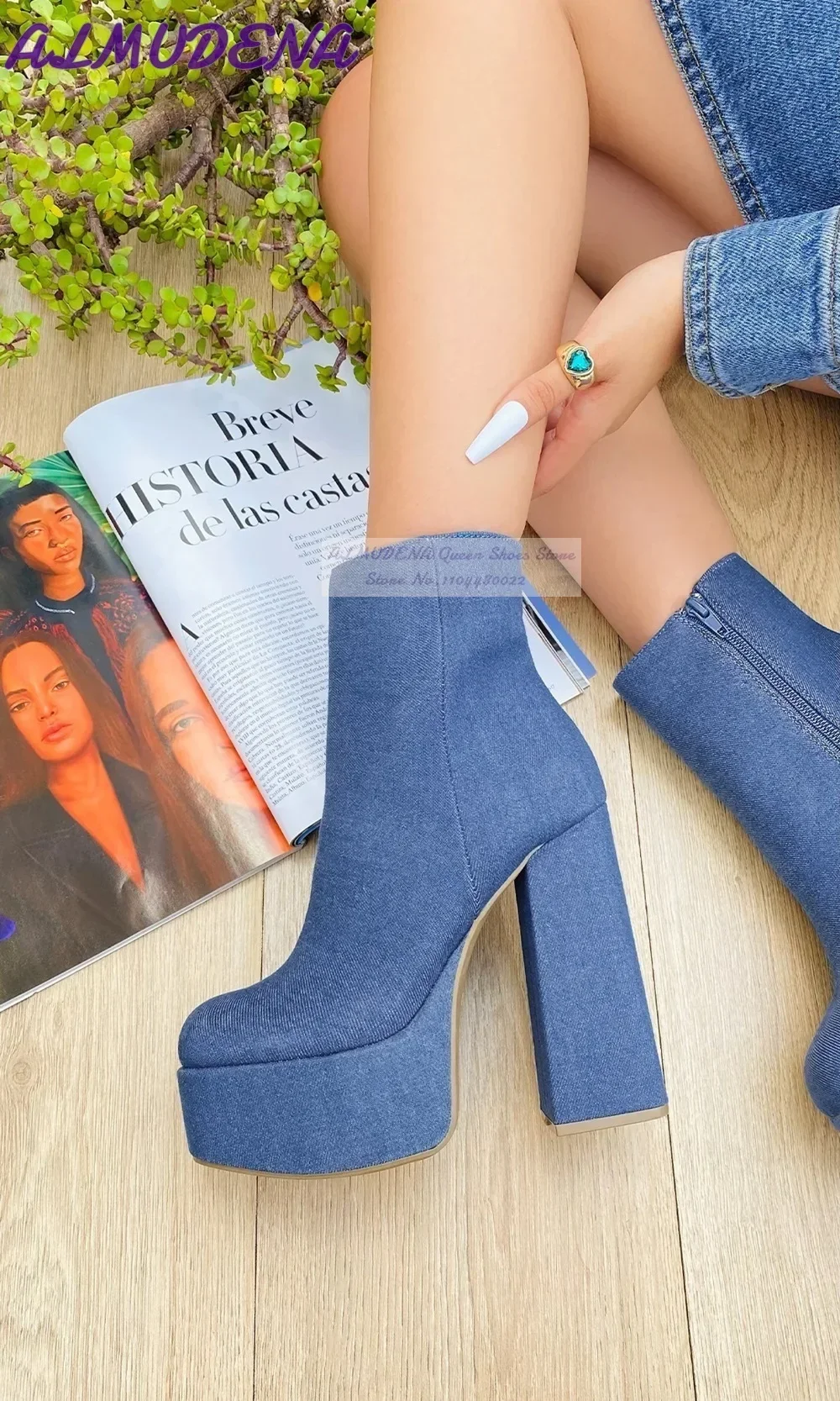 ALMUDENA Blue Denim Block Heel - Women Shoes Jeans ulasan dan harga